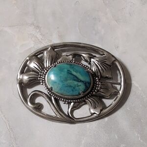 Silver Floral Brooch with Turquoise Stone